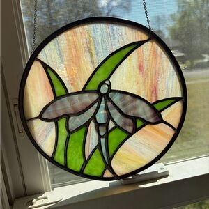 Stained Glass Dragonfly Suncatcher - Green and Iridescent